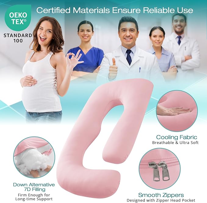 Sasttie Pregnancy Pillows for Sleeping, U Shaped Cooling Full Body Pillow with Removable Cover, Pregnant Women Must Haves, Maternity Essential, Light Pink