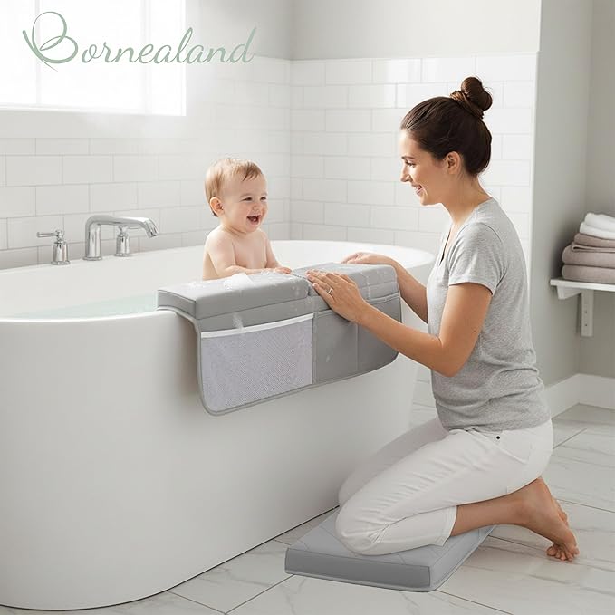 Bornealand® 2" Extra Thick Baby Bath Kneeler and Elbow Rest Pad Set + Hooded Towel - Embroidered Kneeling Pad for Bathing Baby - Dual-Layer Memory Foam Bathtub Kneeler and Elbow Rest Set