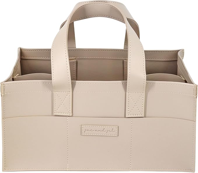 Premium Vegan Leather Baby Diaper Caddy Organizer – Portable Storage Basket for Newborn Essentials, Changing Table, Nursery, Car & Travel, Gifts for Baby Shower (Teddy Beige)