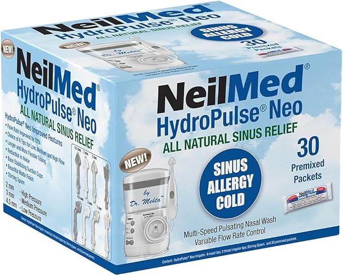 NeilMed HydroPulse Neo. Multi-Speed Electric Pulsating Nasal Sinus Irrigation System with 30 Sinus Rinse Premixed Packets.