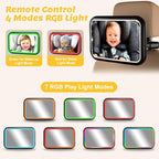 Baby Car Mirror with Light, 7 RGB Light Rear Facing Baby Car Seat Mirror with Remote Control Rechargeable 360° Rotation Hook Clip Design Wide View Shatterproof