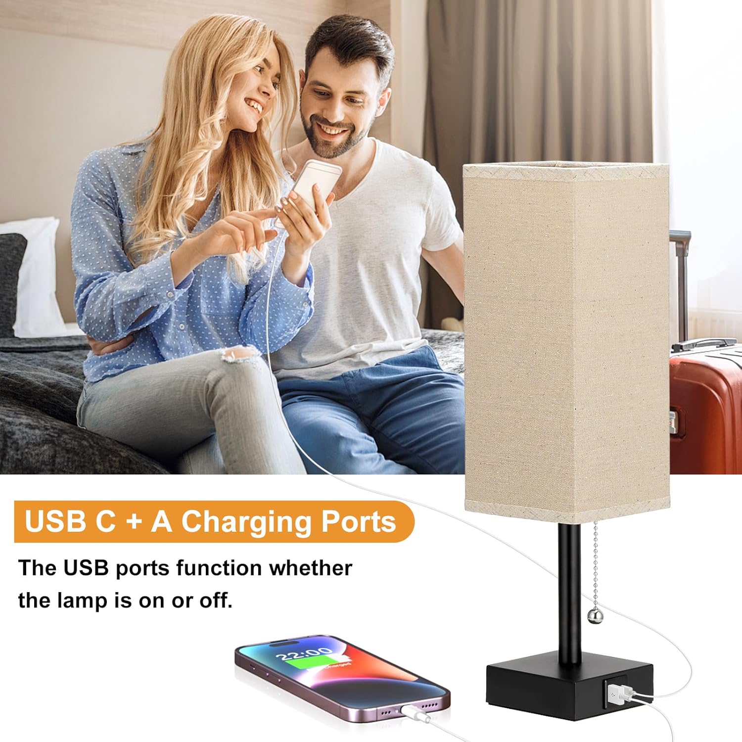 Beige Bedside Table Lamps Set of 2 - Square Bedroom Lamps with 3 Color Temperatures (3000K/5000K/4000K), Nightstand Lamps with USB C + A Charging Ports, Pull Chain Small Night Light for End Table