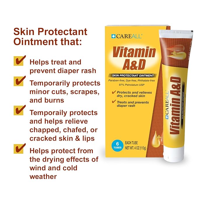 CareAll (6 Tubes) 4oz Vitamin A&D Ointment Treats and Prevents Diaper Rash, Seals out Wetness. Protects and Relieves Dry Cracked Skin, Minor Cuts, Scrapes and Burns