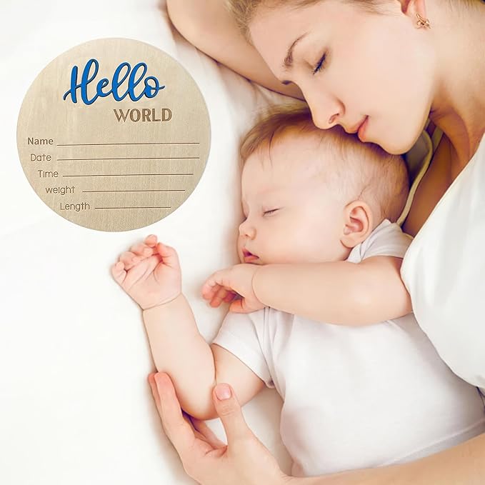 Baby Announcement Sign, 5.9 Inch Wooden Hello World Newborn Signs, Birth Announcement Sign, Baby Shower Hospital Nursery for Newborn Boys and Girls (Blue,Pen)