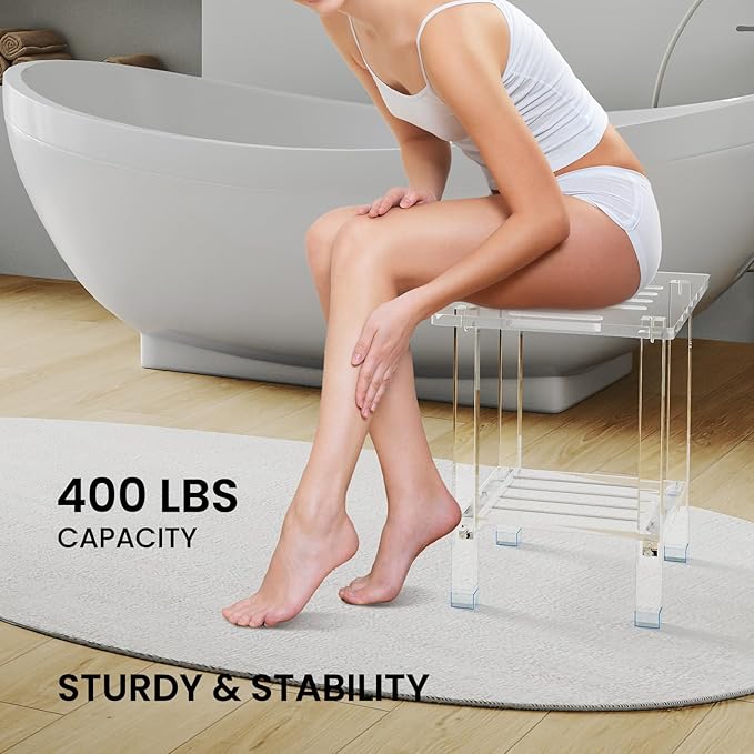 Sumerflos Acrylic Shower Bench for Inside Shower - 18.58" L x 12.60" W x 16.34" H Bathroom Shower Stool with Storage Shelf Heavy Duty (Hold Up to 400lbs) for Shaving Legs Waterproof Non-Slip