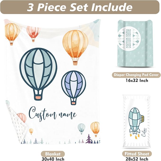 Personalized Baby Crib Bedding Set, Custom Name Hot Air Balloon Theme Nursery Bedding Set 3 Pcs, Baby Blanket Fitted Crib Sheet Changing Pad Cover, Personalized Nursery Decor Gift for Newborns Boys