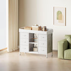 Changing Table, 6-Drawer Baby Dresser with Changing Table top, Waterproof Diaper Changing Station & Pad, 2 Height-Adjustable Open Storage Shelves, Mobile Nursery Organizer, White