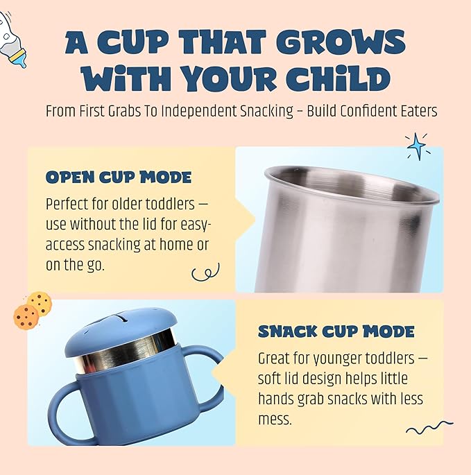 Jumble Dream Stainless Steel Baby Snack Cup for Toddlers Kids – Spill-Proof Silicone Snack Container – BPA-Free Non-Toxic Dishwasher Safe Food-Grade Stainless Steel for Baby Snacks 6m+ to 3+ Years