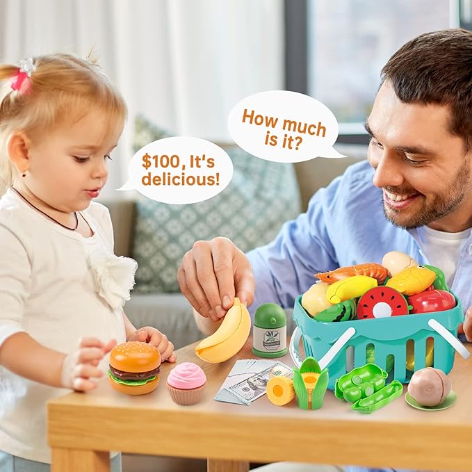 130Pcs Kitchen Playset, Toddler Pretend Cooking Play Pots, Pans, Utensils Cookware, Daily Food Fruit Veges, Shopping Storage Basket, Dessert, Prop Money, Learning Gift for Child (White)