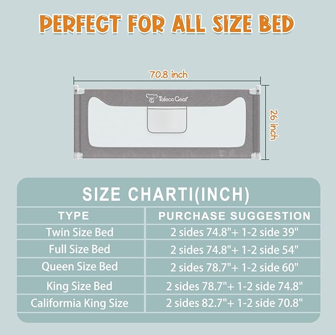 G TALECO GEAR Bed Rail for Toddlers, Stable Protective Bed Side Rails, Baby Bedrail Guard for Twin Full Queen & King Size Bed (70.8 Inch, 1 Piece)