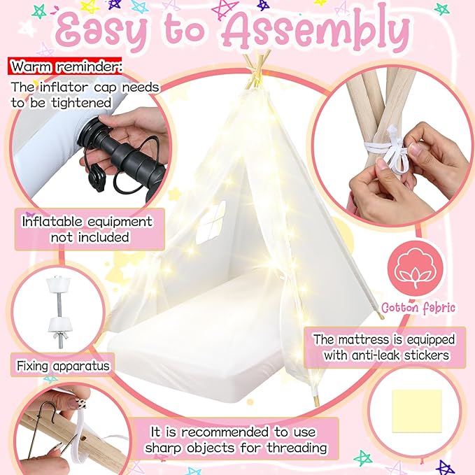 8 Pack Sleepover Tent for Girls Party,Teepee Tent for Kids Slumber Party Bulk with Light String,Air Mattress,Fitted Sheet,Washable Natural Cotton Toddler Teepee Indoor Outdoor(White)