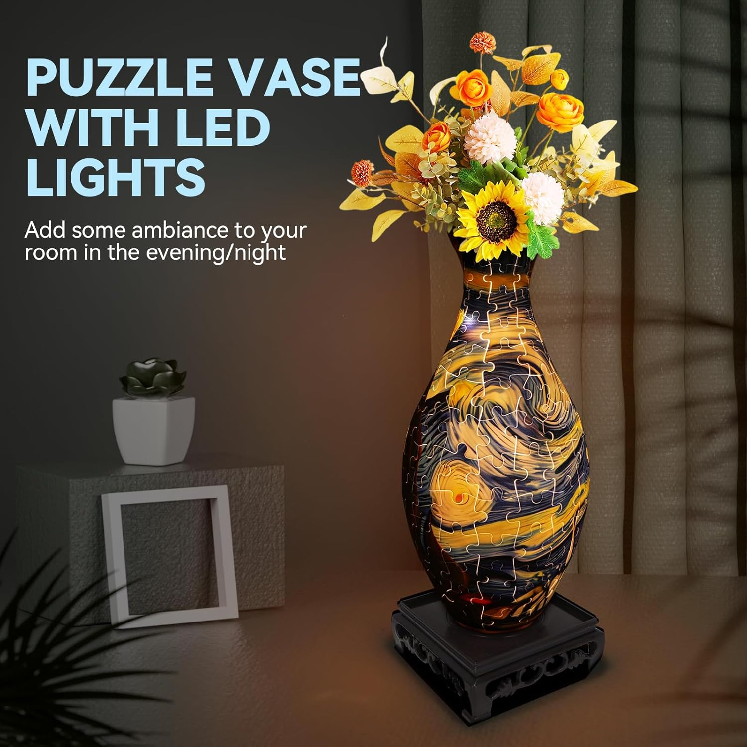 3D Puzzles Vase for Adults, Crafts for Adults, 160 Pieces Plastic DIY Unique Flower Vase with LED Light House Warming Gift Birthday Gifts for Flower Arrangements and Home Decor (Blue)