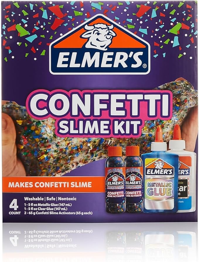 Elmer’s Confetti Slime Kit, Slime Supplies Include Metallic Glue, Clear Glue, Confetti Magical Liquid Activator, 4 Count - Perfect for Parties, Gift, Kids Activity Time