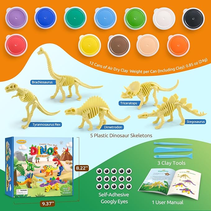 Drama Planet Dinosaur Air Dry Clay Kit – Create 5 Dinosaur Models with 12 Colors of Modeling Clay, Instruction Guide – Fun & Educational Craft Set for Kids