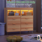 Changing Table Dresser with Drawers, Baby Dresser with Changing Table Top, Power Outlet, LED Light & Metal Feet, Diaper Changing Station Nursery Organizer for Infants Newborn (Natural)