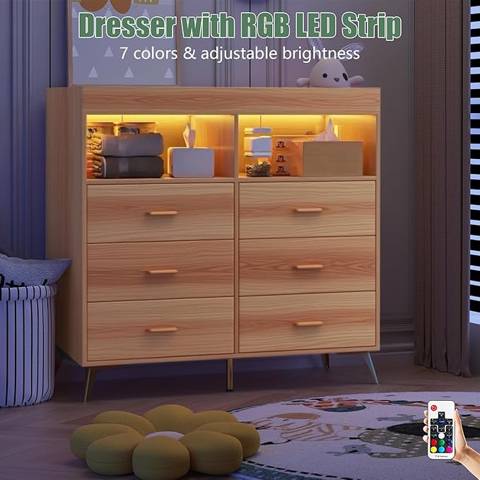 Changing Table Dresser with Drawers, Baby Dresser with Changing Table Top, Power Outlet, LED Light & Metal Feet, Diaper Changing Station Nursery Organizer for Infants Newborn (Natural)