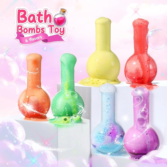 MeCids Magic Potion Bubble Bath Bombs for Kids -Bath Color Tablets Bath Potions for Toddlers Ages 4-12 Fun Science Kit Gift for Birthday, Halloween，Christmas- 6 Pack (Shaped Gems & Stars)
