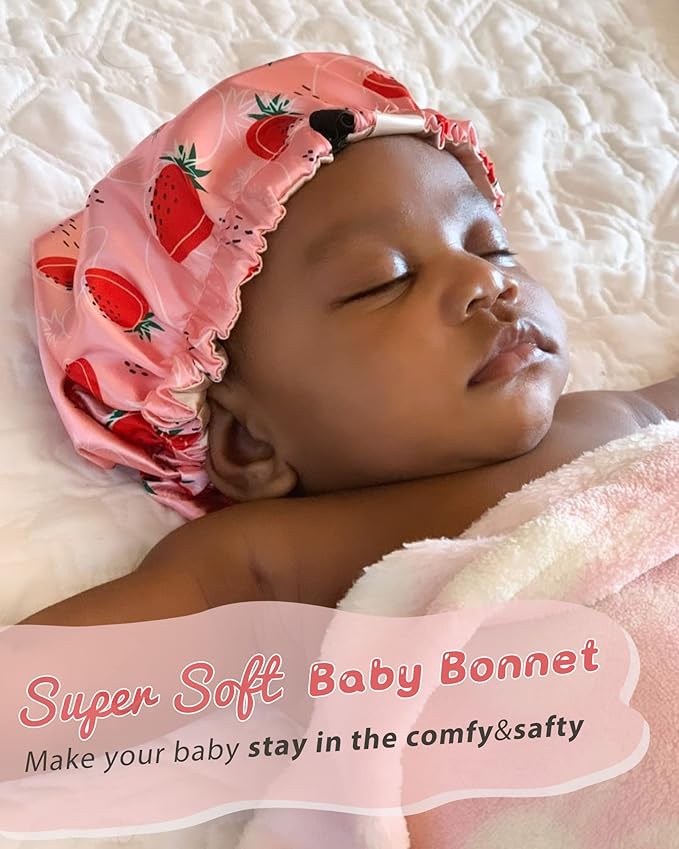 YANIBEST Baby Satin Bonnet Sleep Cap - Double Layer Reversible Adjustable Silky Satin Cap for Infant Toddler(6-36Months,Strawberry)