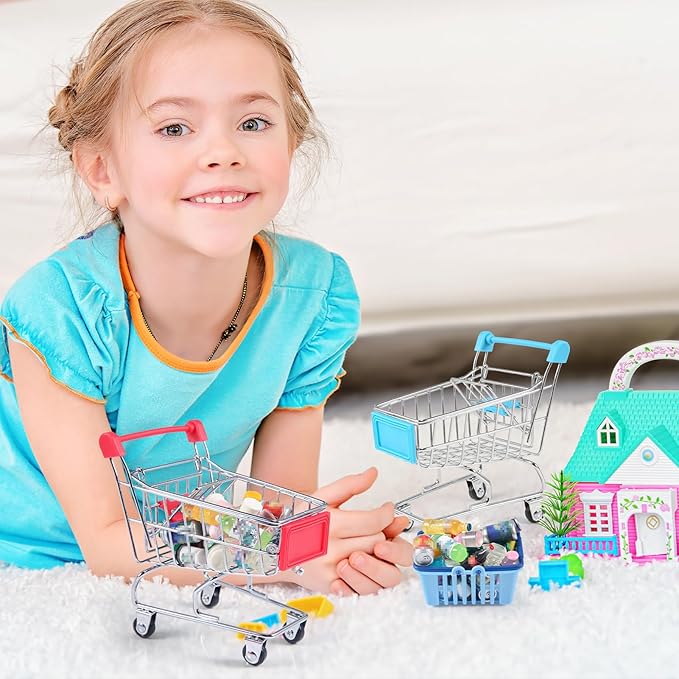 134pcs Mini Shopping Cart Basket Miniature Food Drink Bottle Supermarket Metal Handcart Toys Doll House Store Cosplay Game Dollhouse Grocery Fruit Cake Bread Party Trolley Model Dollar Bills