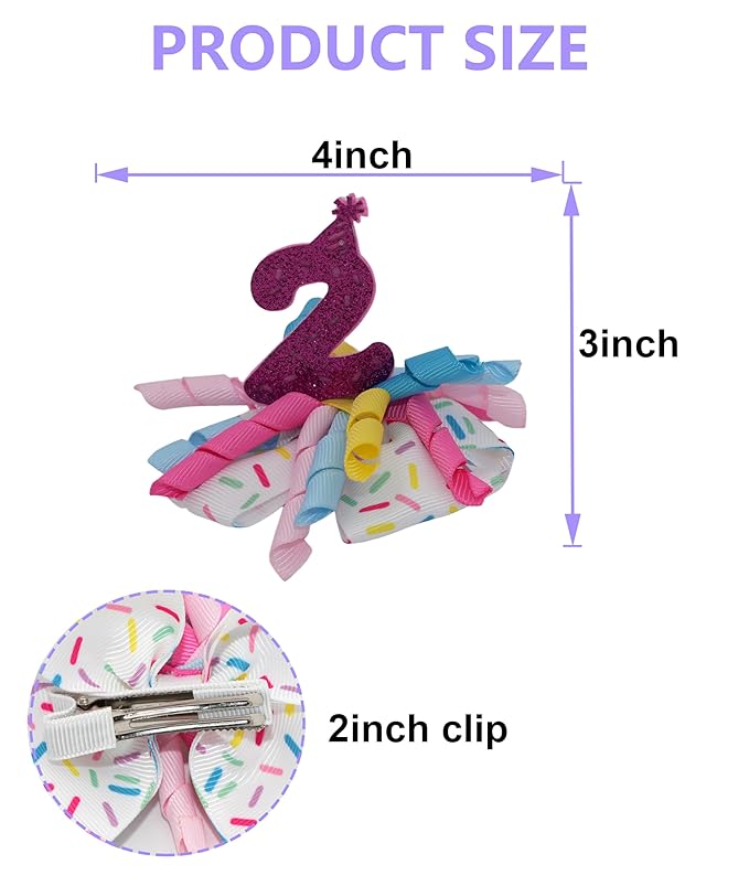 Birthday Hair Bow for Baby Girls 1 2 3 4 5 6 Years Sprinkle Decorations Party Pink Hair Accessories for Two 2nd Birthday Confetti Ice Cream