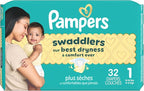 Pampers Swaddlers Diapers, Size 1 (8-14 lbs), 32 Count, Absorbent, Keeps Baby Dry and Comfortable, Skin Safe Disposable Baby Diaper (Packaging May Vary)