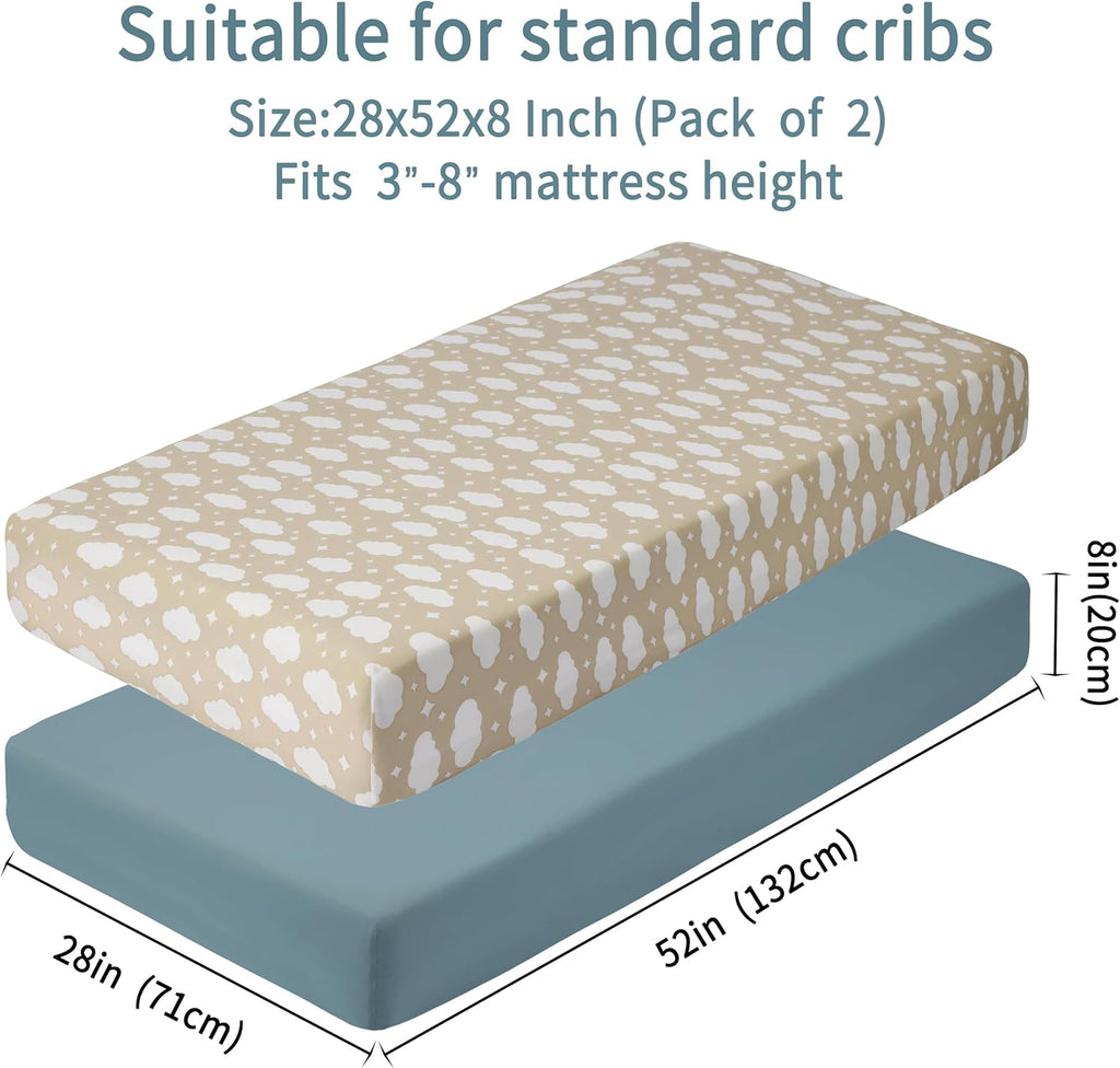 Baby Crib Sheets for Boys Girls, 2 Pack Fitted Crib Sheet for Standard Crib and Toddler Mattress, Soft Microfiber Baby Sheet 52x28x8in. (Clouds & Dark Green)