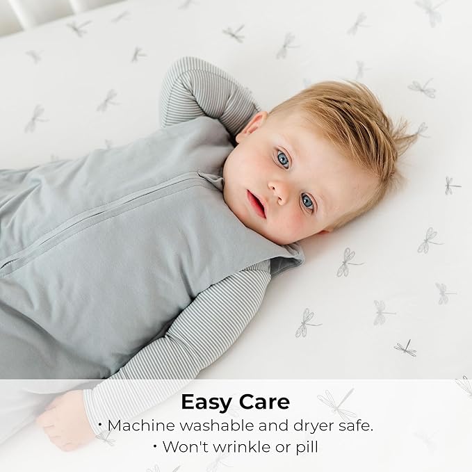 Ely’s & Co. Crib Sheets, Baby Boy Fitted Crib Mattress Sheet Set, 2 Pack, 100% Jersey Knit Cotton, Infant and Toddler Nursery Bedding, 28” x 52” Dragonflies + Stripes Collection