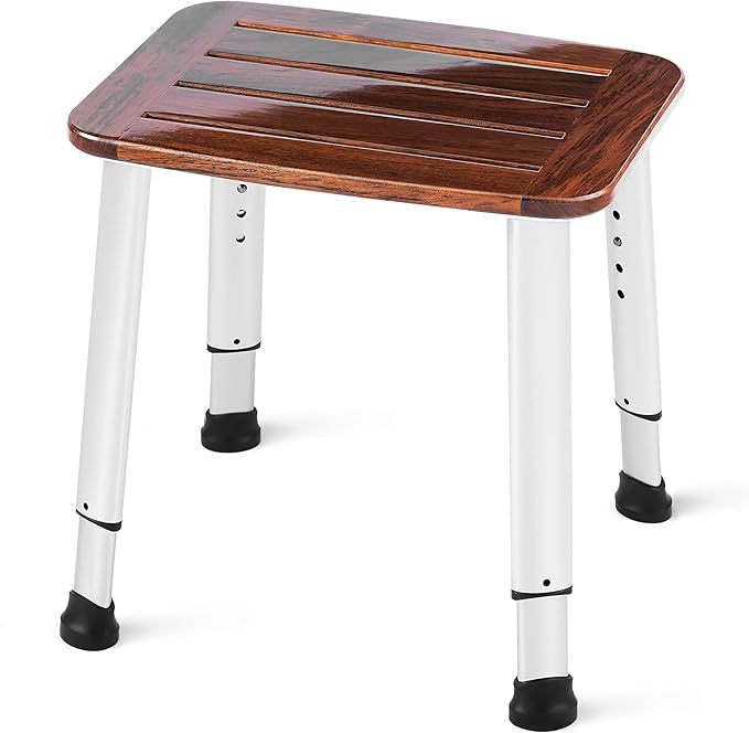Bathroom Shower Bench Bath Stool Bathtub Seat Spa Chair Foot Rest Step, Height Adjustable Lightweight Waterproof and Rustproof, Teak
