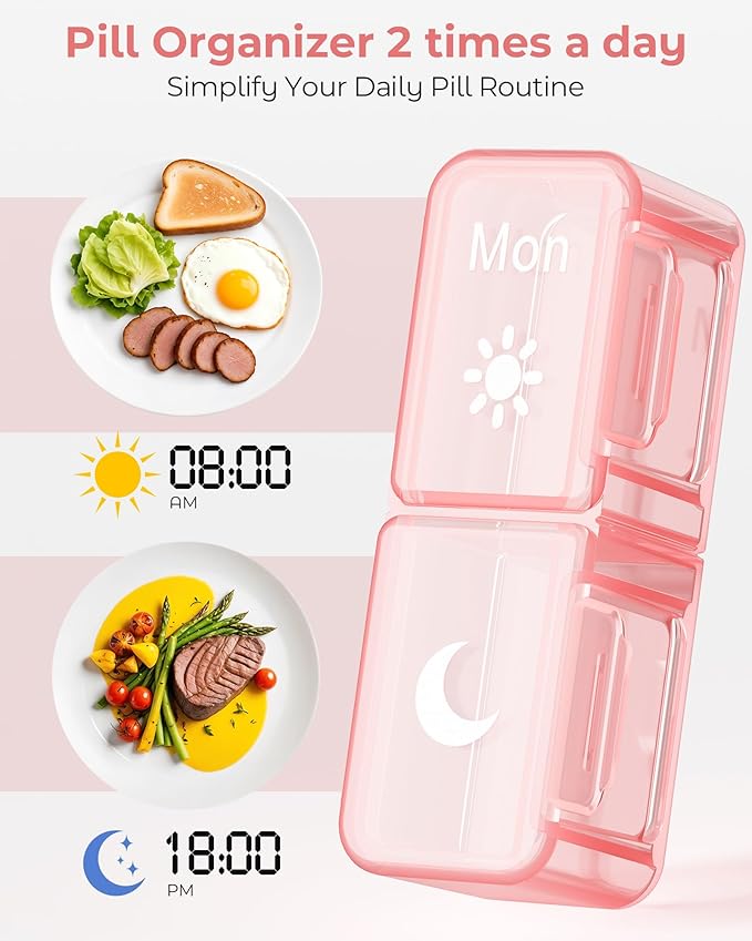 Zoksi Am Pm Pill Organizer 7 Day, Weekly Pill Box 2 Times a Day, Medicine Pill Organizer with Separate Compartment, Travel Pill Case Dispenser Portable for Vitamins, Fish Oils, Medicines(Pink)