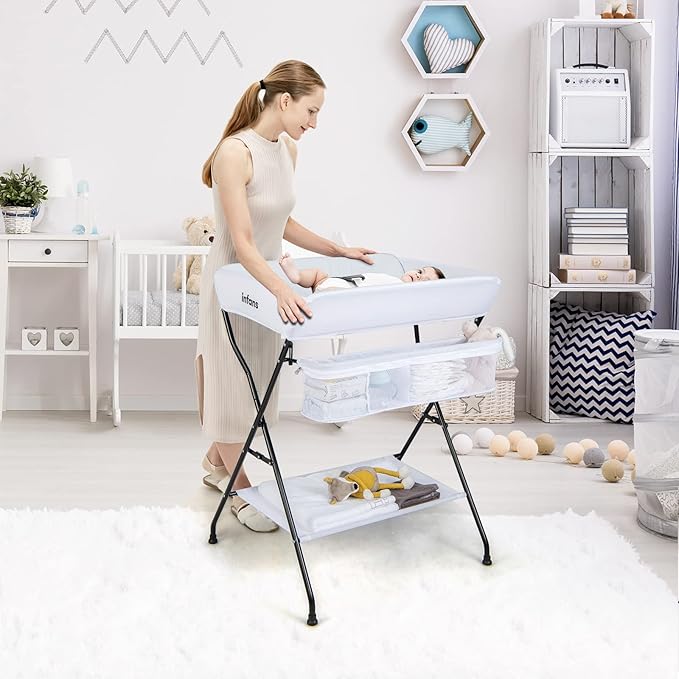 INFANS Baby Changing Table, Folding Diaper Station Portable Nursery Organizer with Safety Belt and Large Storage Racks for Newborn Baby and Infant (White)