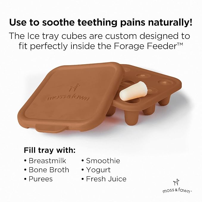 Moss and Fawn Little Explorer Kit - Silicone Frozen Breast Milk Popsicle Kit with Forage Feeder, Teething Popsicle Ice Cube Tray, & Gather & Roll Baby Feeding Bib - BPA, PVC, & Lead-Free - Foliage