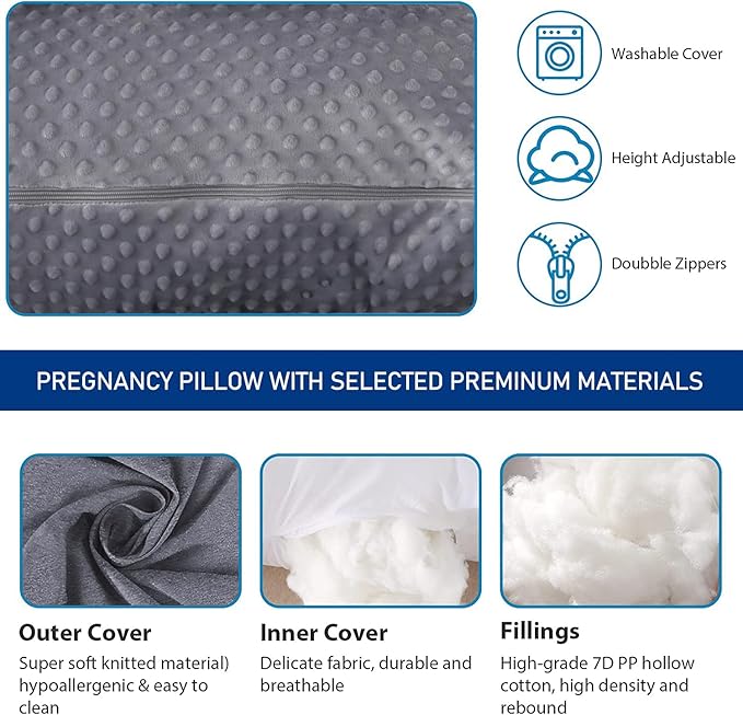 cauzyart Pregnancy Pillows for Sleeping U-Shape Full Body Pillow and Maternity Support - for Back, HIPS, Legs, Belly for Pregnant Women with Removable Bean Velvet Cover(Gray)