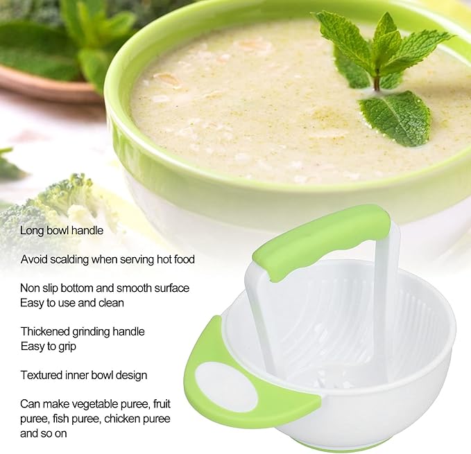 FTVOGUE Baby Food Mash Bowl Set - Long Handle, Easy to Use, Fruit & Vegetable Puree Maker - Green