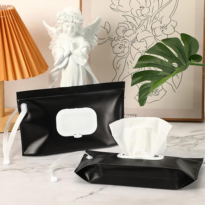 FEBSNOW 2 Pack Baby Wipes Dispenser Holder, Black Portable Refillable Baby Wet Wipes Pouch Container Reusable Travel Case