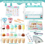 WHOHOLL Wooden Ice Cream Counter Playset for Toddler Girl Toys, Play Store Pretend Toy Food Play Kitchen Accessories with Fake Money & Coin, Gifts for 3+ Year Old Kids (Green)