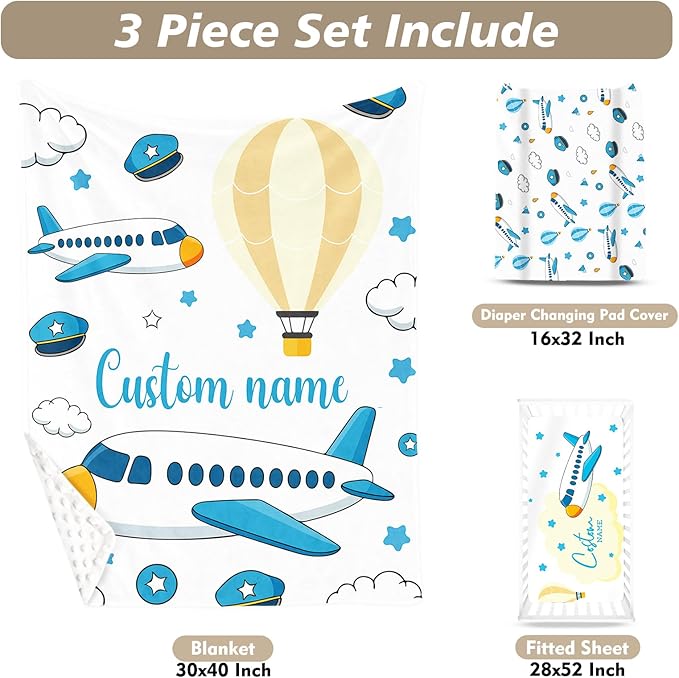 Personalized Baby Crib Bedding Set, Custom Name Aircraft Theme Nursery Bedding Set 3 Pcs, Baby Blanket Fitted Crib Sheet Changing Pad Cover, Personalized Nursery Decor Gift for Newborns Boys