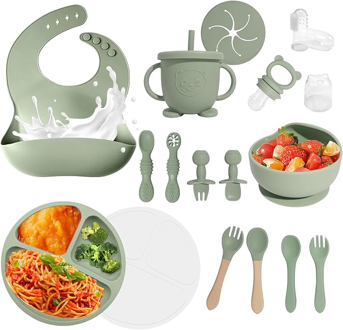 Baby Led Weaning Supplies, 17 Piece BPA-Free Silicone Feeding Set, Eating Essentials Baby Utensils with Suction Plate and Bowl, Pocket Bib, Sippy Cup with Lid, for 6+ Months, Green
