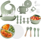 Baby Led Weaning Supplies, 17 Piece BPA-Free Silicone Feeding Set, Eating Essentials Baby Utensils with Suction Plate and Bowl, Pocket Bib, Sippy Cup with Lid, for 6+ Months, Green