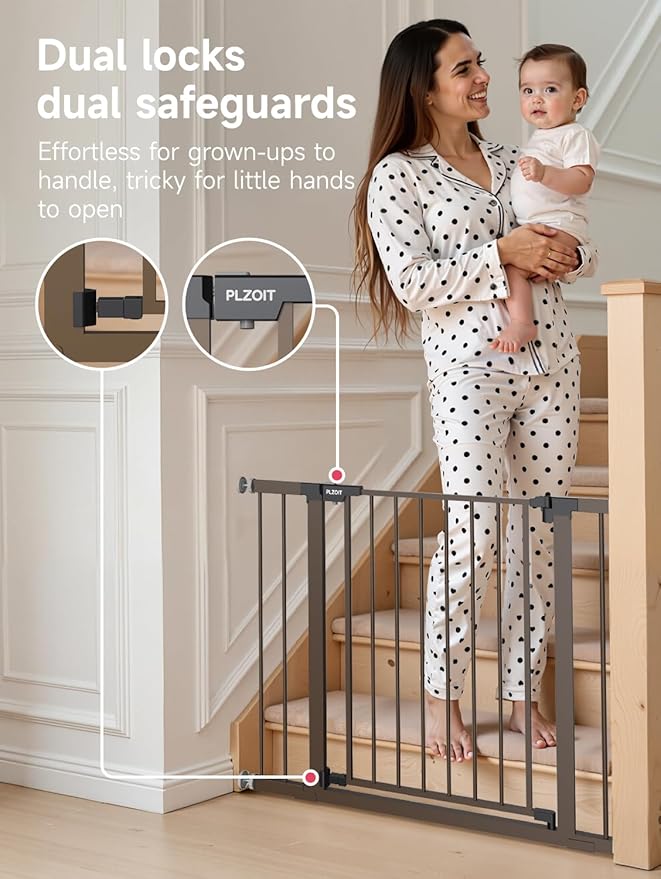 29.5-40.5" Baby Gate for Stairs, Dog Gate for Doorways, Walk Thru Auto Close Metal Baby Safety Gate for The House, Stairs and Doorways, Child Gate Pressure Mounted, Pet Gate for Dog Indoor - Brown