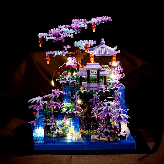 Peach Blossom Pond Building Blocks Set,Building Blocks Set Gifts for Adults and Kids, Micro Bricks Cherry Blossom Tree House Kit with LED Light and Display Box（2500+Pieces）