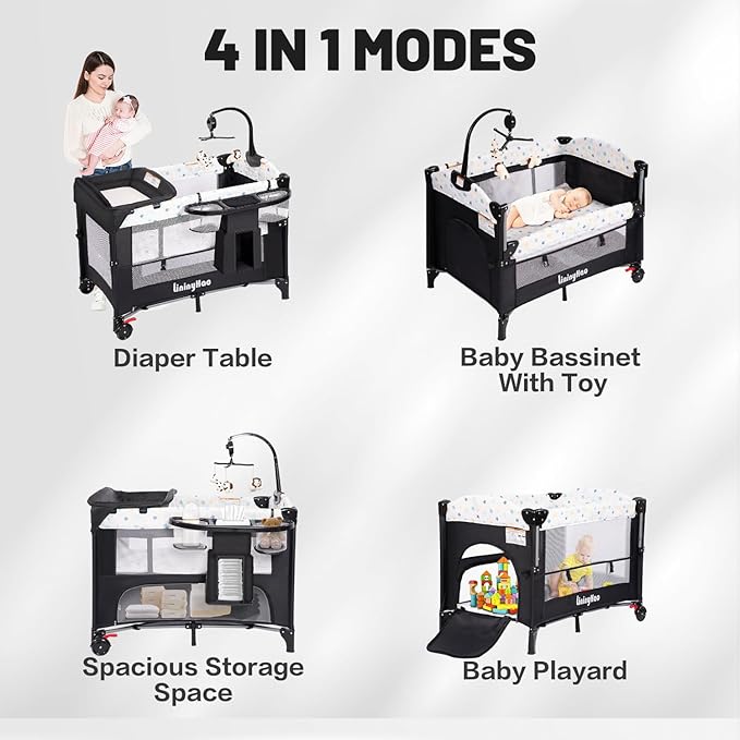 4 in 1 Height Adjustable Baby Playard, Foldable Nursery Center with Music Box Toy Rack, Side Storage, Changing Table, Large Portable Playpen for Newborns and Toddlers