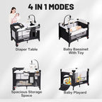4 in 1 Height Adjustable Baby Playard, Foldable Nursery Center with Music Box Toy Rack, Side Storage, Changing Table, Large Portable Playpen for Newborns and Toddlers