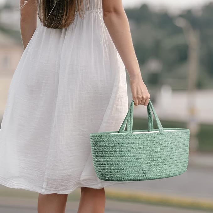 Maliton Diaper Caddy Organizer for Baby, Portable Diaper Storage Organizer for Changing Table and Car, Cotton Rope Nursery Storage Bin Basket for Baby Shower, Newborn Essentials Must Haves - Green