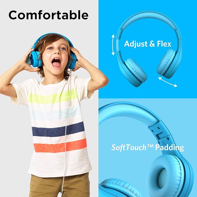 LilGadgets Connect+ Pro Wired Kids Headphones for School w/Microphone, Volume Limiting & Noise Reduction Over-Ear Headset with Cord, SharePort Technology & SoftTouch Padding, Blue Headphones for Kids
