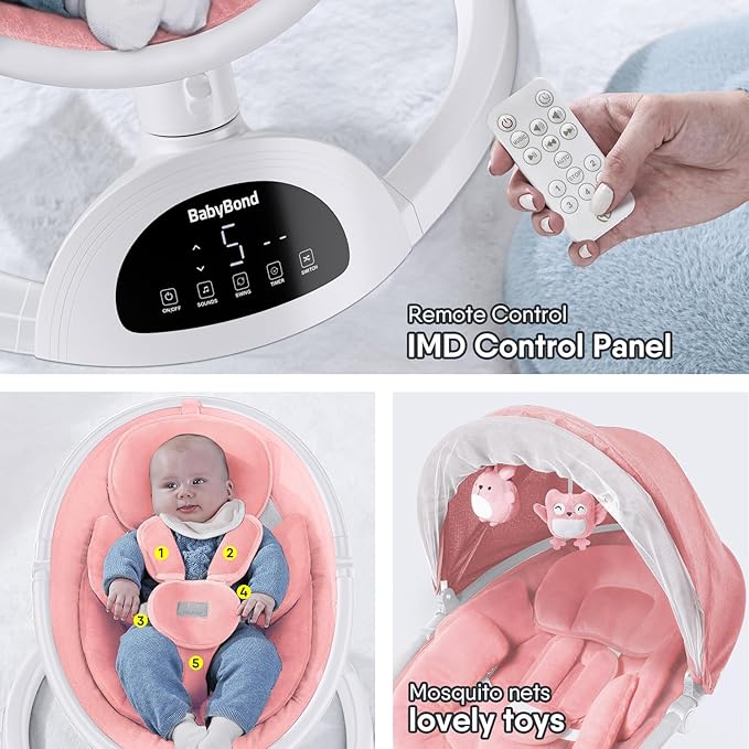 BabyBond Baby Swings for Infants, Bluetooth Infant Swing with Music Speaker, 3 Seat Positions, 5 Point Harness Belt, 5 Speeds and Remote Control - Portable Baby Swing for Indoor and Outdoor (Pink)