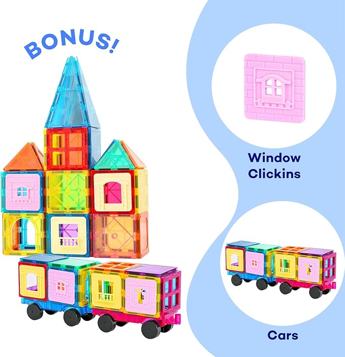 Magnetic Tiles 100PCS with 2 Cars, STEM Educational Building Blocks for Kids Ages 3-9, Magnet Construction Toys Gift for Toddlers