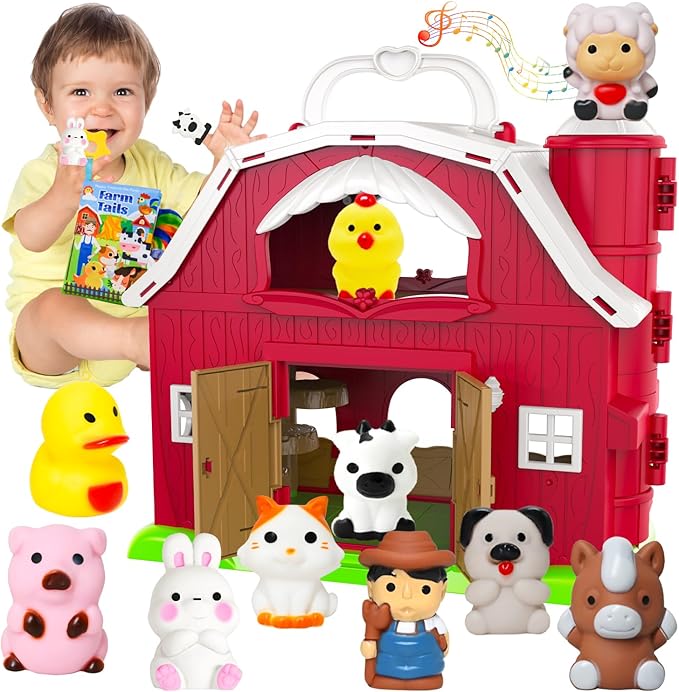 Kimicare Big Musical Red Barn Toy Farm Animal Finger Puppets for 1 2 3 4 5 Years Old, Animal Figures Playset with Farm Tails Baby Book, Sensory Learning Toys Gift for Toddlers Boys Girls