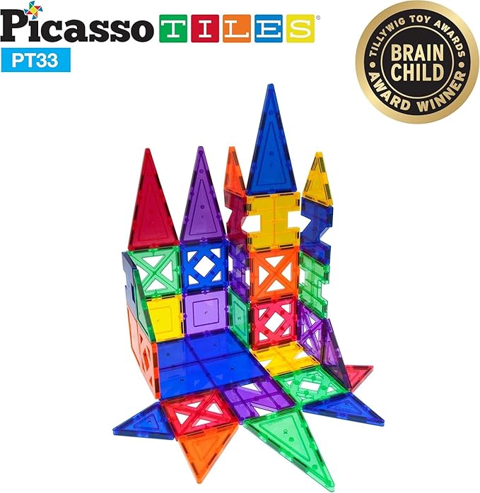 PicassoTiles Educational Set Magnetic Building Tiles with Unique Shapes & Clear Box Tile 3D Magnet Construction Block Different Shapes Connects with Other Figure for Boys & Girls Ages 3+