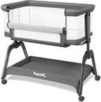 Papablic Baby Bassinet, Bedside Bassinet for Baby with Four-Sided Breathable Mesh & Soft Mattress, Adjustable Bassinet Bedside Sleeper with Storage Basket and Wheels, Easy to Assemble, Gray