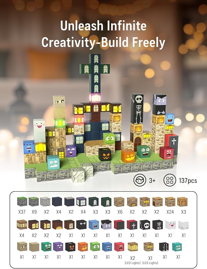 137PCS Magnetic Blocks - Magnetic Building Blocks,World Magnetic Lights Tiles Kids Build Cubes ,STEM Toys for 3-5 4-8 5-7 Year Old Boys and Girls,Sensory Creative Activities Christmas Birthday Gift